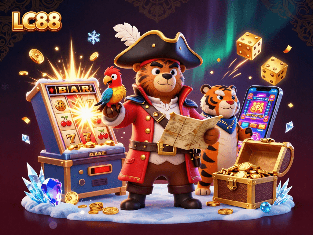 LC88 showcases online gambling excitement with a vibrant 3D casino scene illustrating big wins.