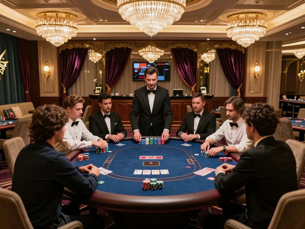 Fabet's sophisticated poker game in an upscale casino, showcasing players with chips strategizing their next move.