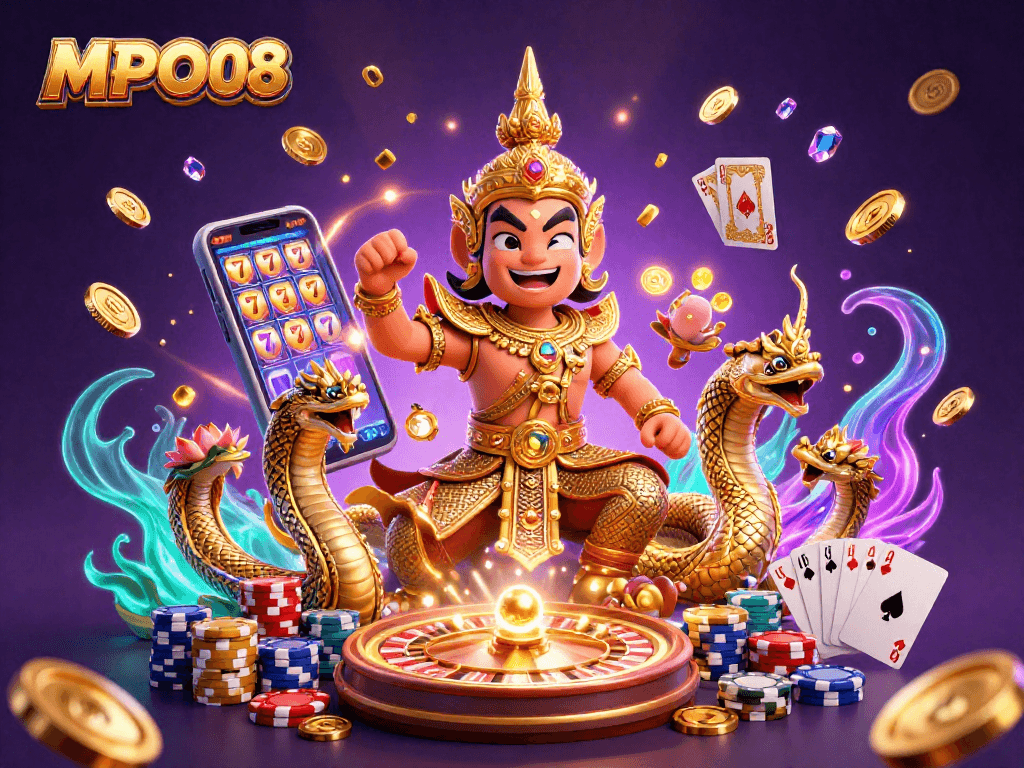 MPO08 players enjoying a vibrant casino scene filled with golden coins, spinning roulette wheels, and lively slot machines.