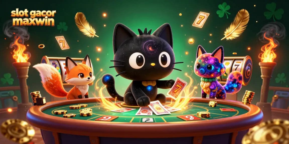 Engage in slot gacor maxwin excitement with a cosmic cat pulling in golden chips amid swirling gambling elements.