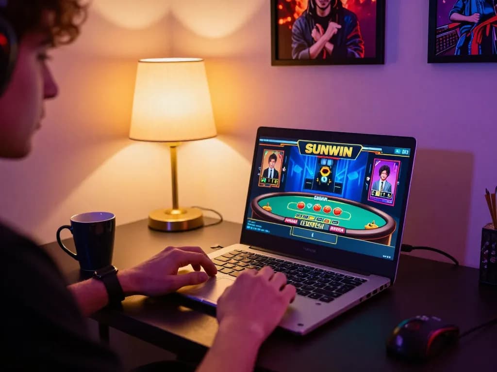 Player engaging with live dealer game on SUNWIN through laptop, showcasing immersive online gambling experience