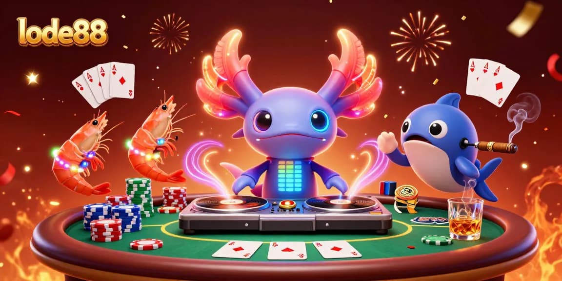 Join the excitement of lode88 with a dynamic casino scene featuring a neon-colored axolotl DJ and vibrant gaming elements.