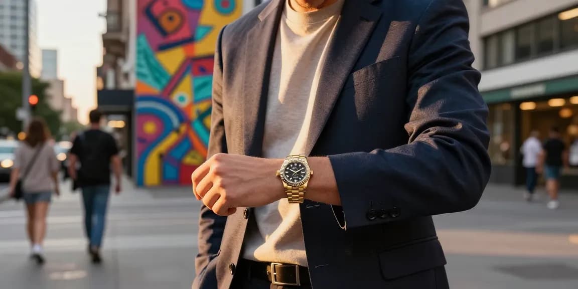 Stylish individual showcasing rolex super clone watches in an urban lifestyle scene.