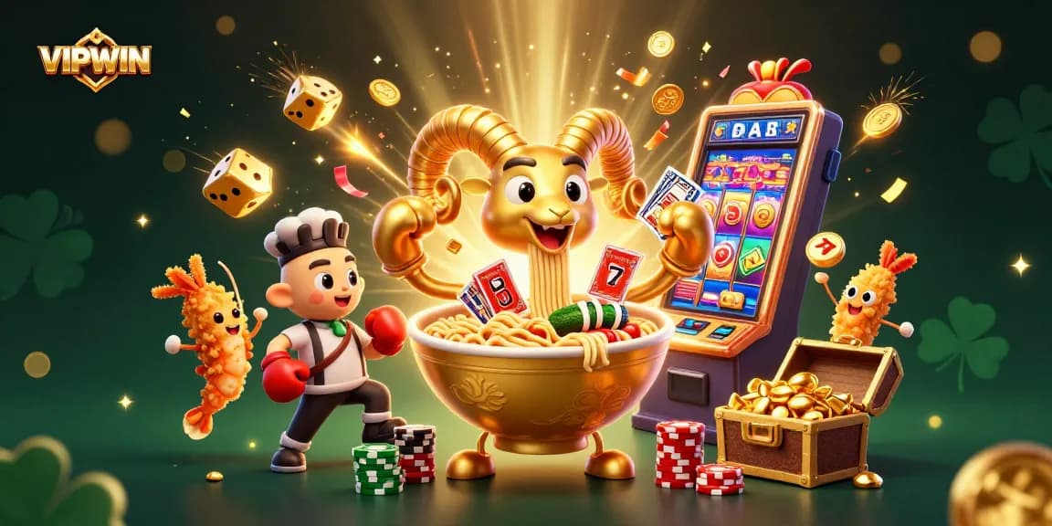 Experience the thrill of VIPWIN with a vibrant casino-themed illustration featuring dynamic characters and game elements.
