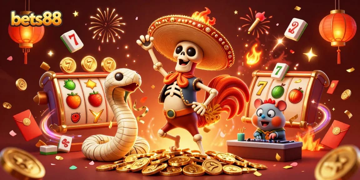 Bets88 celebrates winnings with a colorful 3D illustration of a mariachi rooster, mummy snake, and DJ hamster amidst dynamic slot elements.