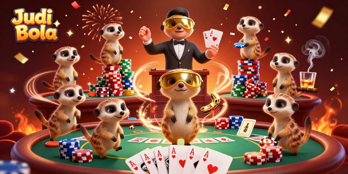 Engaging scene of Judi Bola action with meerkats managing a vibrant casino filled with poker elements.