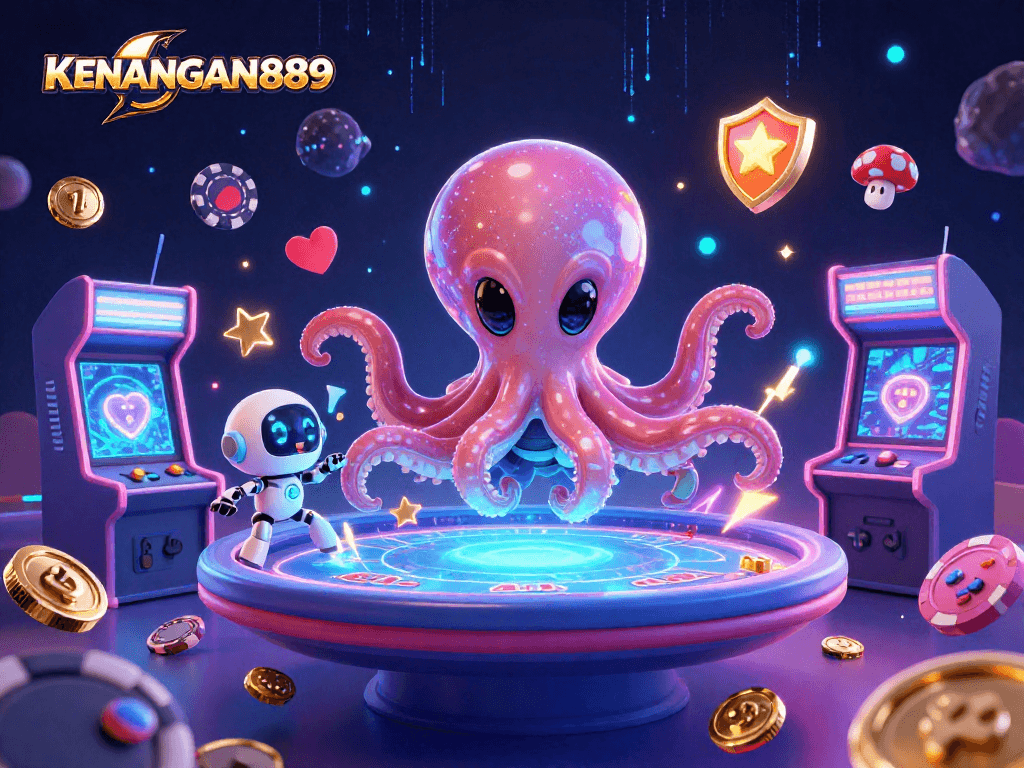 KENANGAN889 showcases an alien octopus playing holographic poker, surrounded by vivid casino-themed elements.
