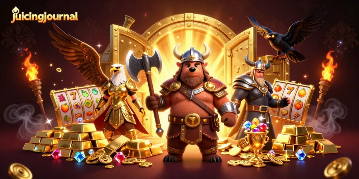 Juicingjournal showcases an epic scene with a Viking bear and Valkyrie eagle among slot reels and treasure.
