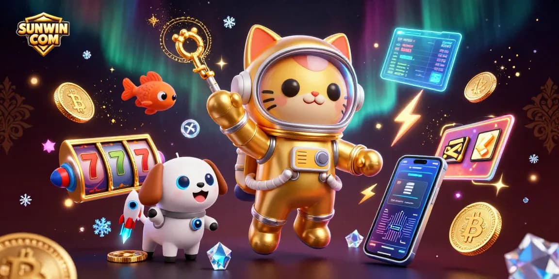 Engage with SUNWIN COM in a vibrant cosmic casino realm with golden hues and 3D gaming elements.