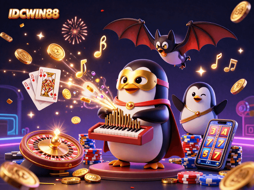 Play thrilling games with IDCWIN88 as a phantom opera penguin entertains, surrounded by coins and casino excitement.