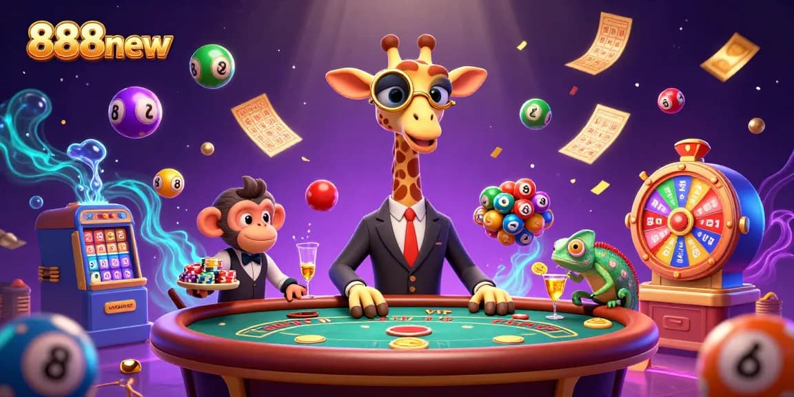 Experience the excitement of 888new with a vibrant casino scene featuring unique characters and dynamic elements.
