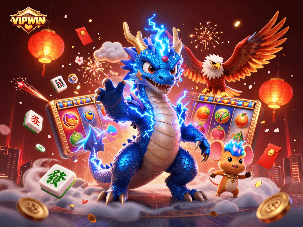 VIPWIN thrills with an electric dragon and hawk amid dynamic slots and lucky elements.