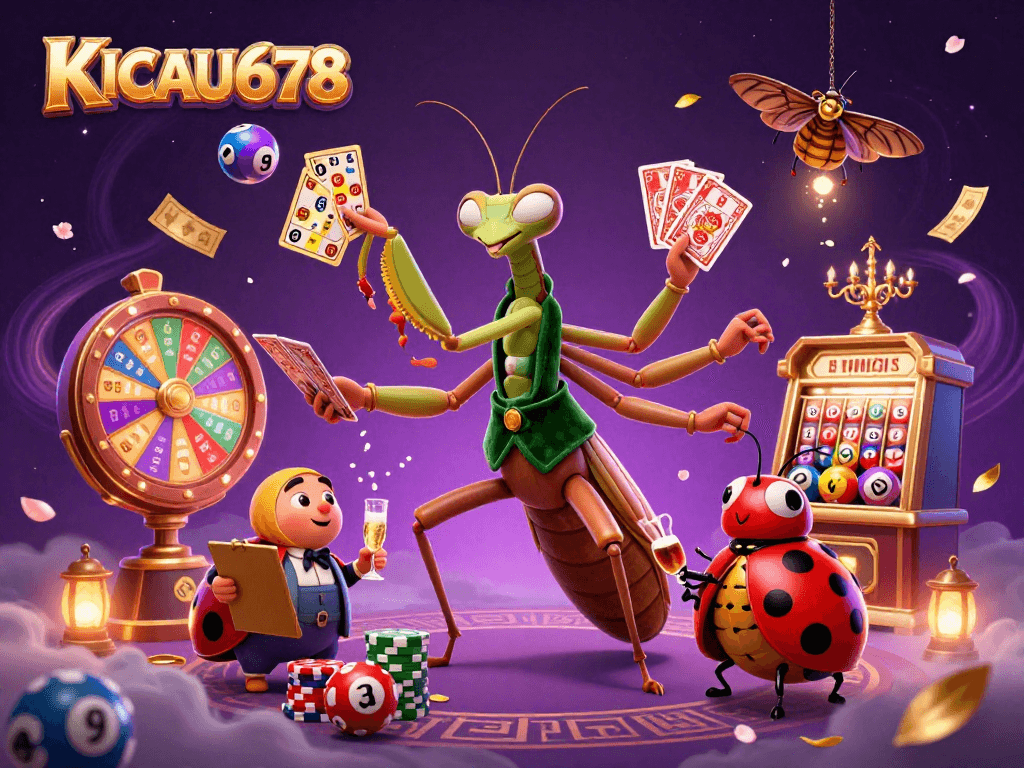 KICAU678 showcases a vibrant 3D scene of a card sharp and pit boss amidst lottery balls and banknotes.