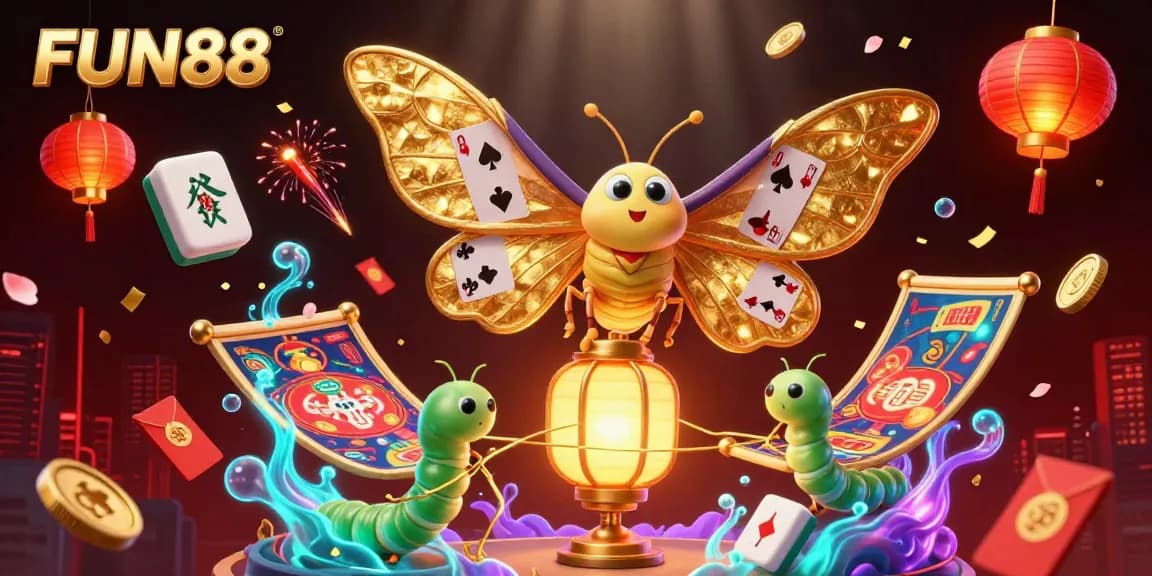 Exciting scene of FUN88 with an atlas moth and casino elements, vibrant decorations, and glowing effects.