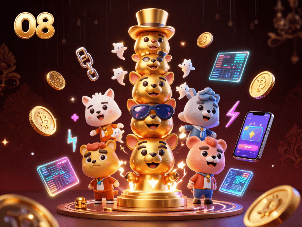 Engage with O8's thrilling gaming atmosphere illuminated by vibrant crypto elements.