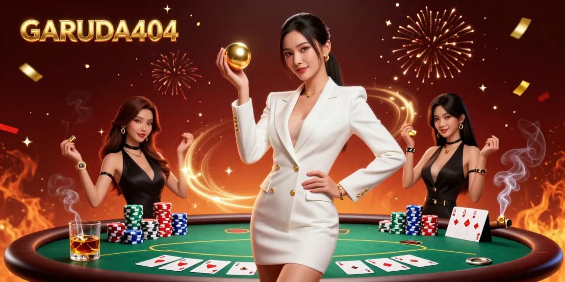 Experience the thrill of GARUDA404 with a dazzling casino scene showcasing poker and golden roulette action.