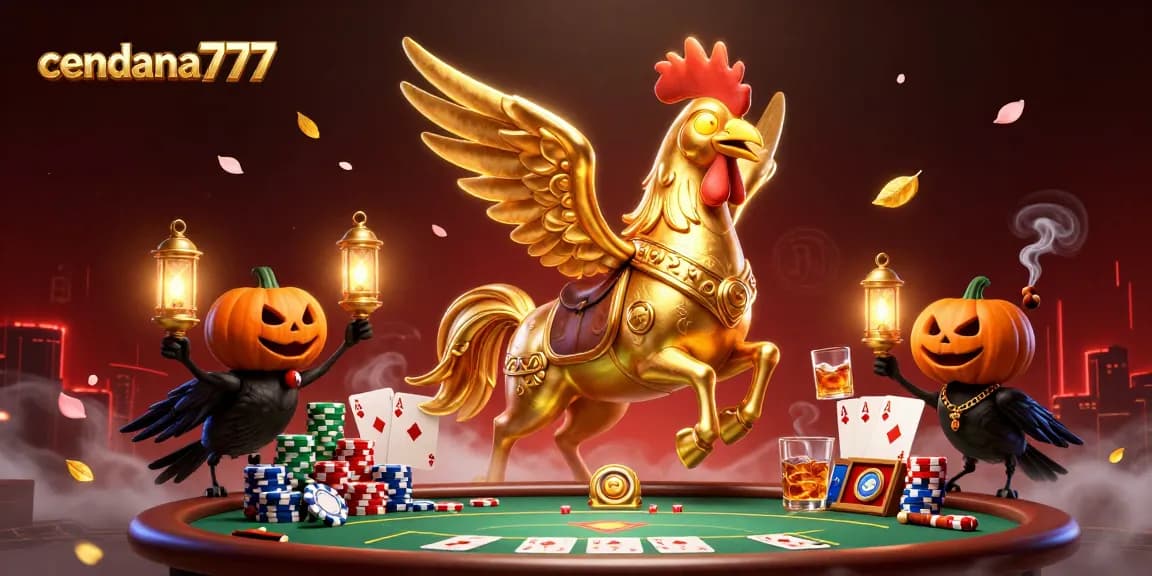 Cendana777 showcases a golden rooster in a casino scene, engaging in high-stakes poker action.