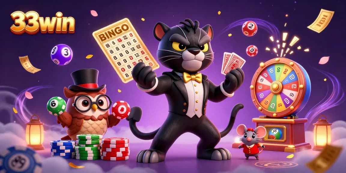 Engage with 33win's vibrant casino scene featuring a tuxedoed panther, owl, and mouse among dynamic lottery elements.