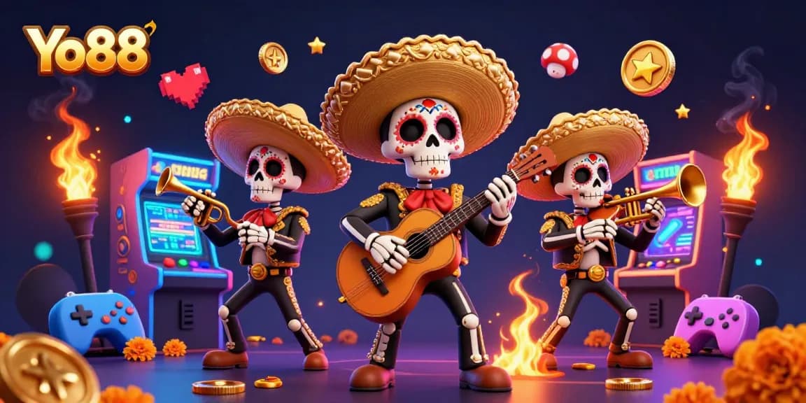 Experience the excitement of Yo88 with a vibrant illustration of a mariachi band amidst colorful gaming elements.