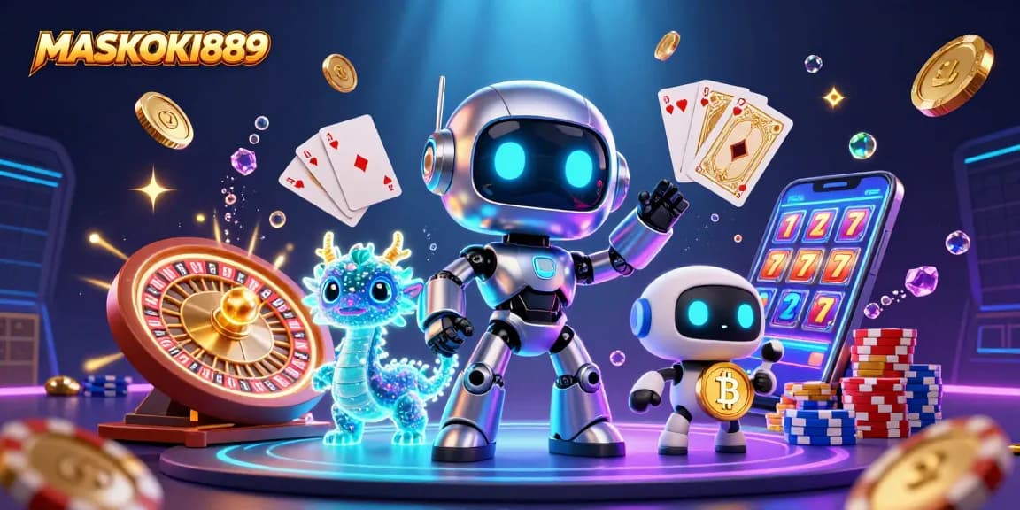 Engage in thrilling casino action at MASKOKI889 with a vibrant 3D illustration showcasing gaming excitement.