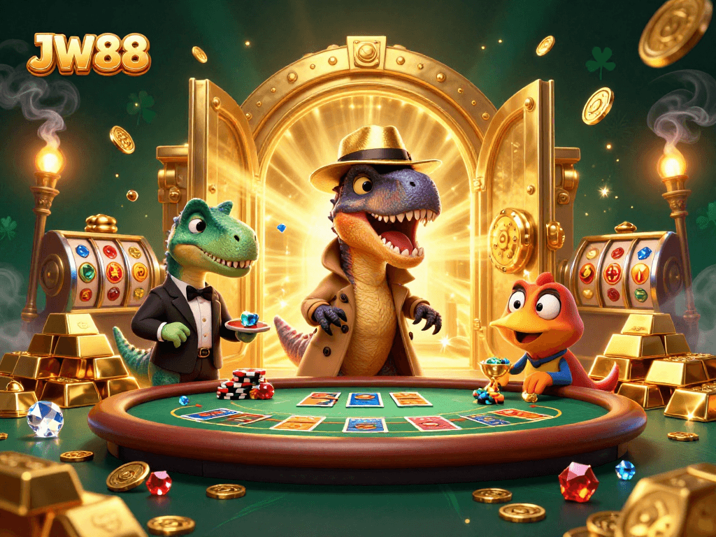 Watch JW88 come alive with a velociraptor card counter and stegosaurus pit boss in a vibrant casino scene.