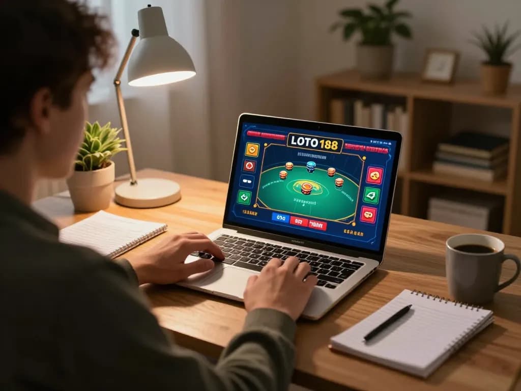 LOTO188 gameplay shown on a laptop screen in a cozy home setting, highlighting strategic betting.