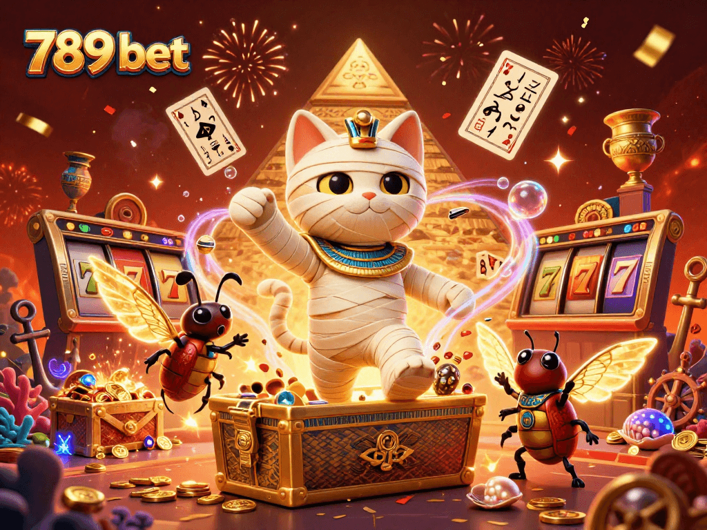 Experience thrilling jackpots with 789 bet featuring a mummy cat and glowing scarab in action.