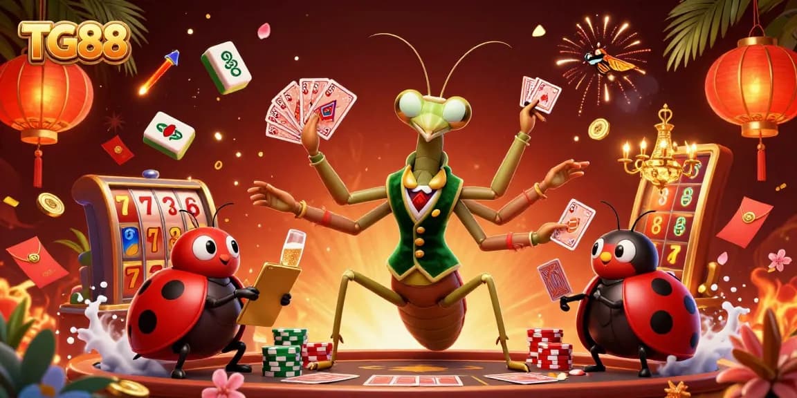 Experience the excitement of TG88 with a vibrant illustration showcasing a lively casino scene filled with rich game elements.