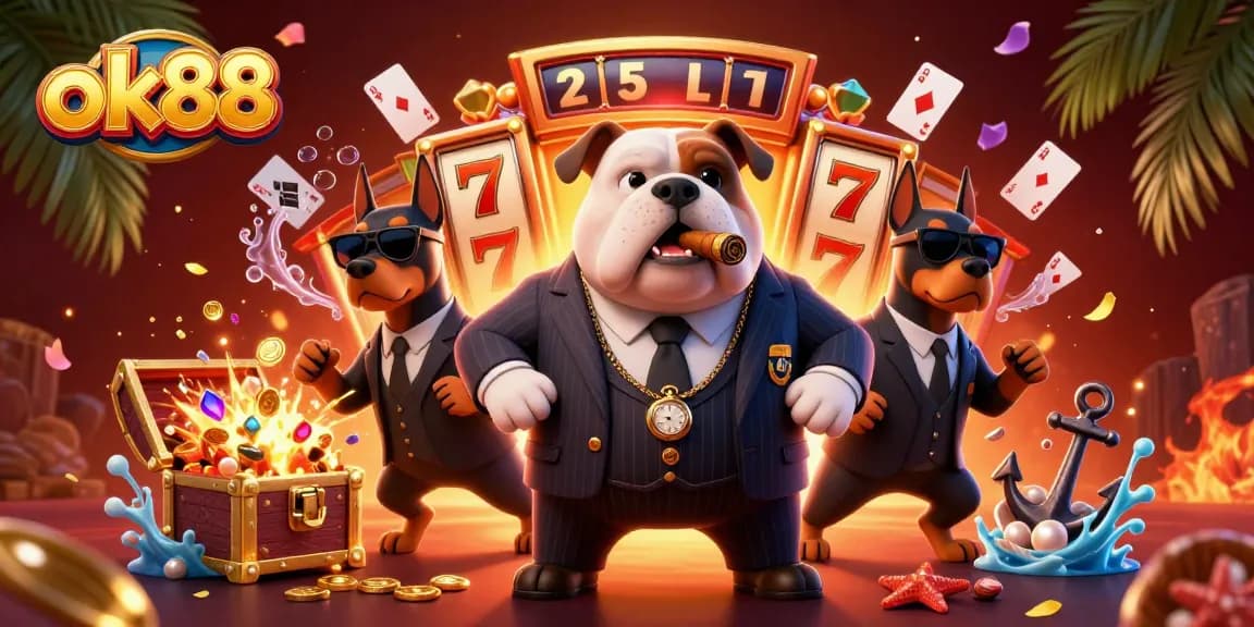 Playing and winning at ok88, mafia boss bulldog and Dobermans amidst slot game treasures.