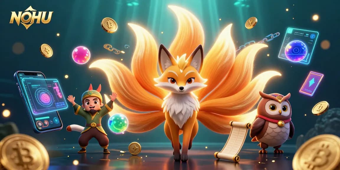 Engage with NOHU's vibrant casino world featuring a dazzling fox spirit and glowing orbs amidst cryptocurrency elements.