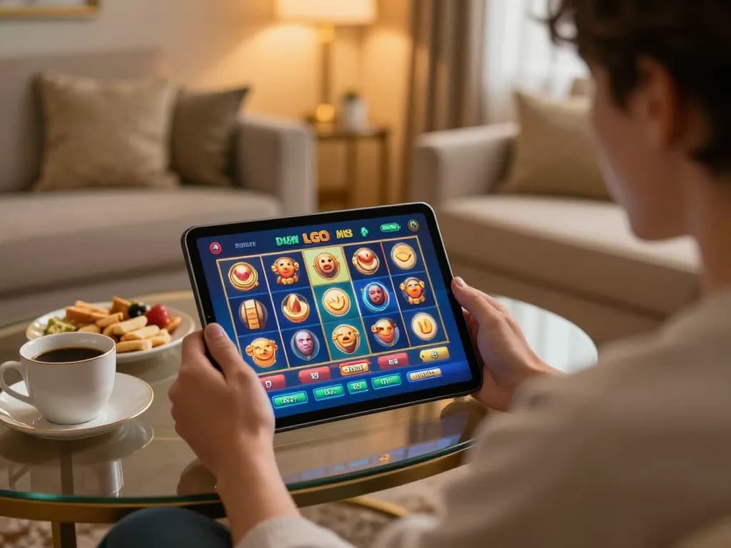 LGO SUPER slot game interface displayed on tablet during relaxed gameplay at home.