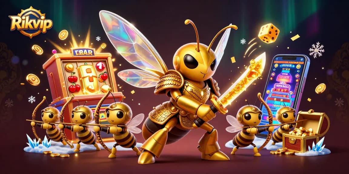 Engage with thrilling Rikvip casino gameplay featuring cartoon hornets amidst vibrant slots and winning coins.