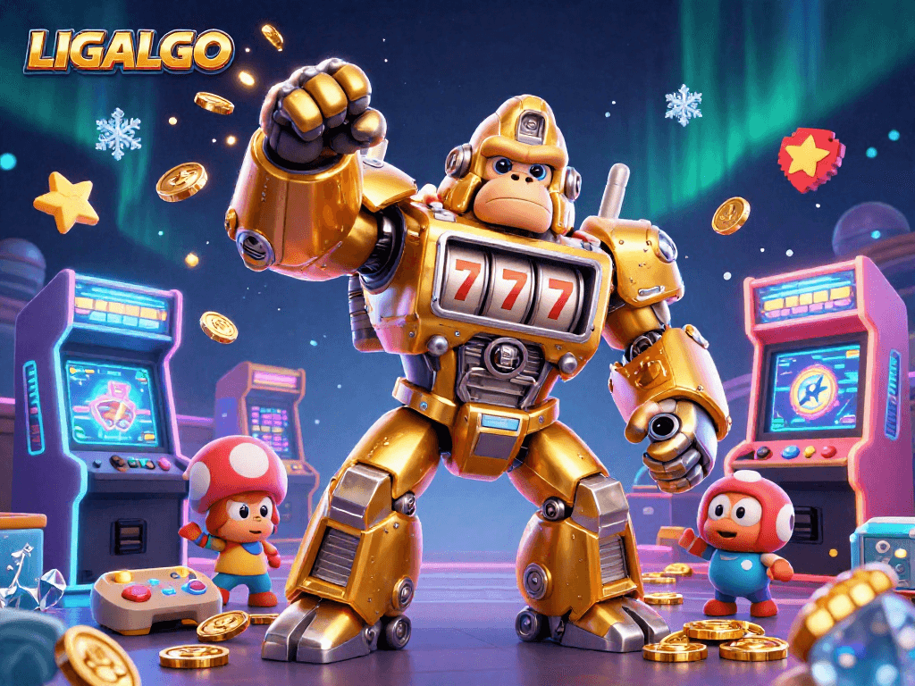 LIGALGO features a dynamic scene with a golden gorilla mech embodying a thrilling casino atmosphere bursting with coins and gaming excitement.