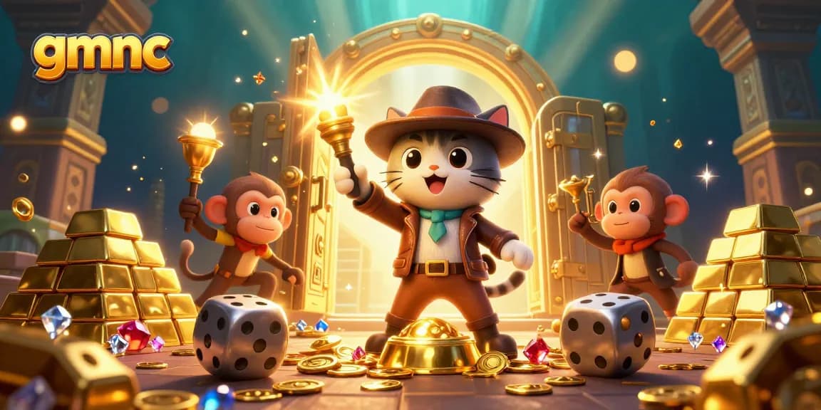 Explore gmnc's vibrant casino treasures with a cat archaeologist discovering golden artifacts.