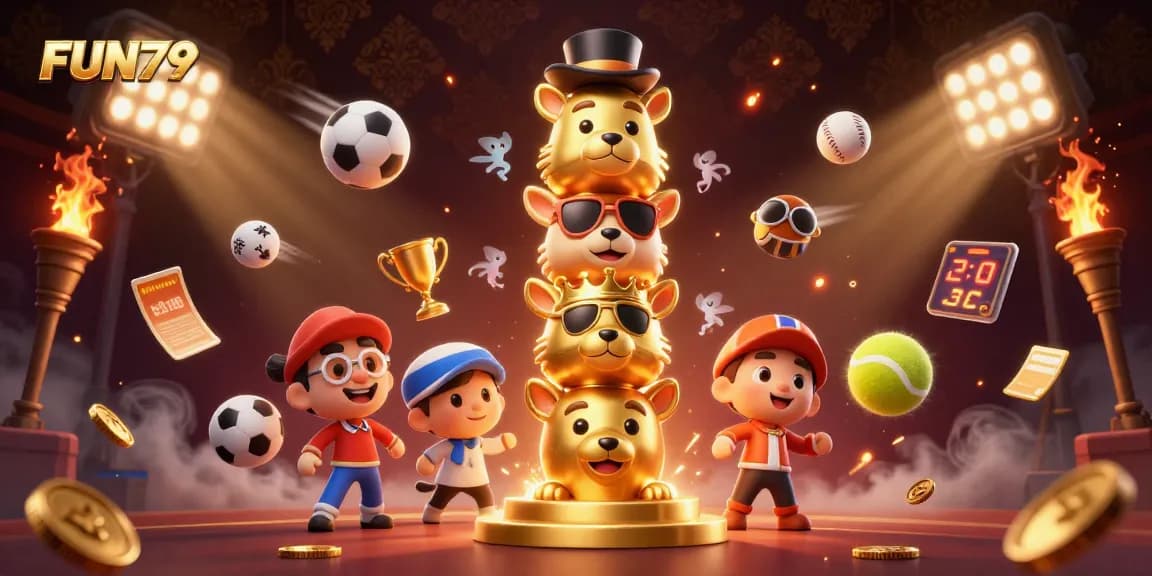 Engage in thrilling sports betting with FUN79's exciting dynamic scene of sports elements and rewards.