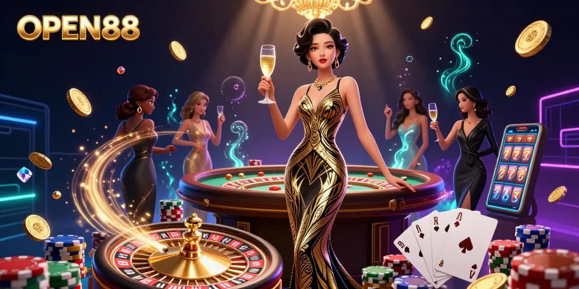 Experience thrilling gameplay at OPEN88 with elegant Asian femme and casino elements in a sparkling atmosphere.