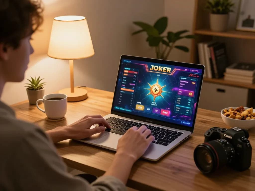 Player engaging with IDC88 JOKER on a laptop in a cozy living room, creating a focused gaming atmosphere.