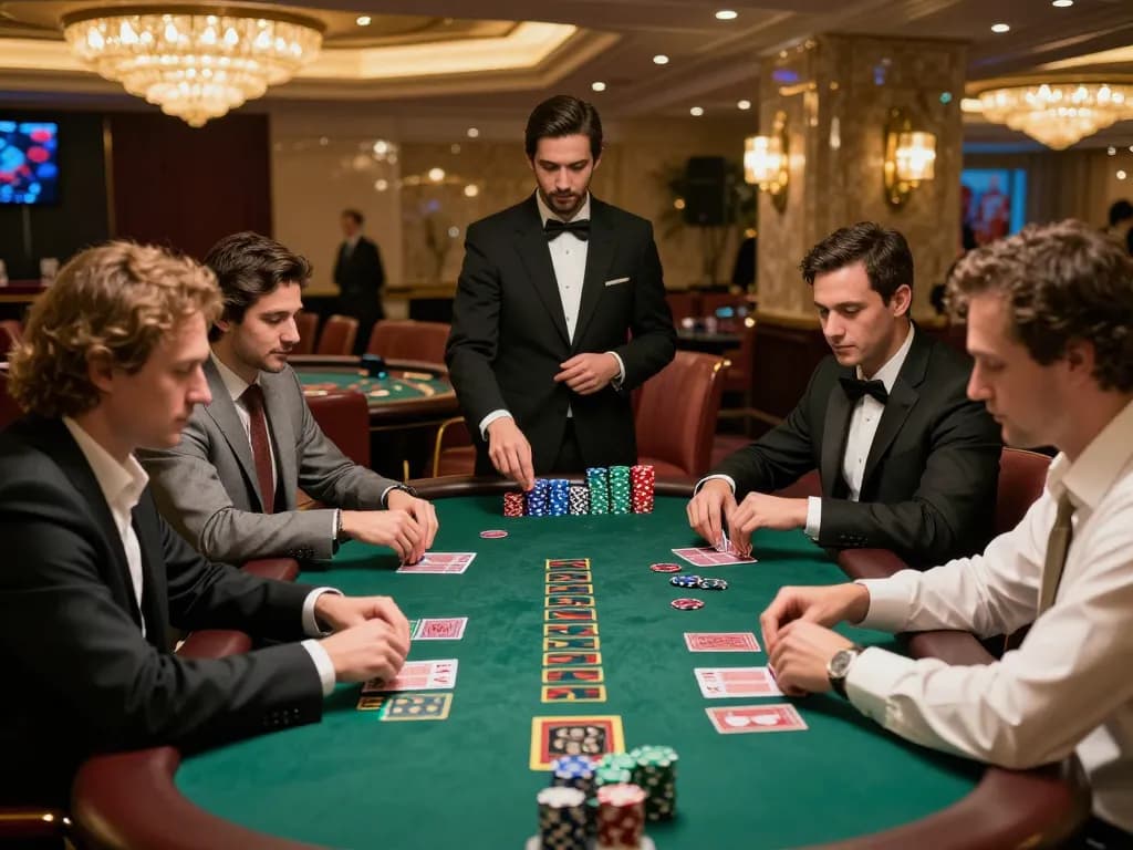 Players strategizing at a blackjack table in a luxurious casino, highlighting the excitement of MPO ID gameplay.