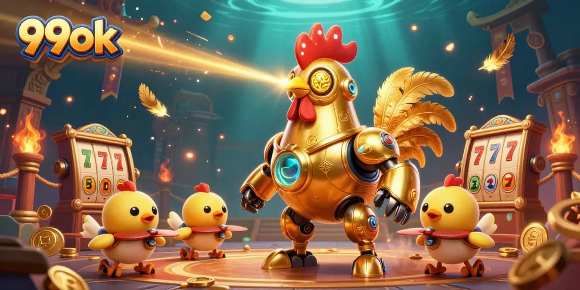 Engage with 99ok through captivating 3D slots gameplay featuring a golden rooster robot.