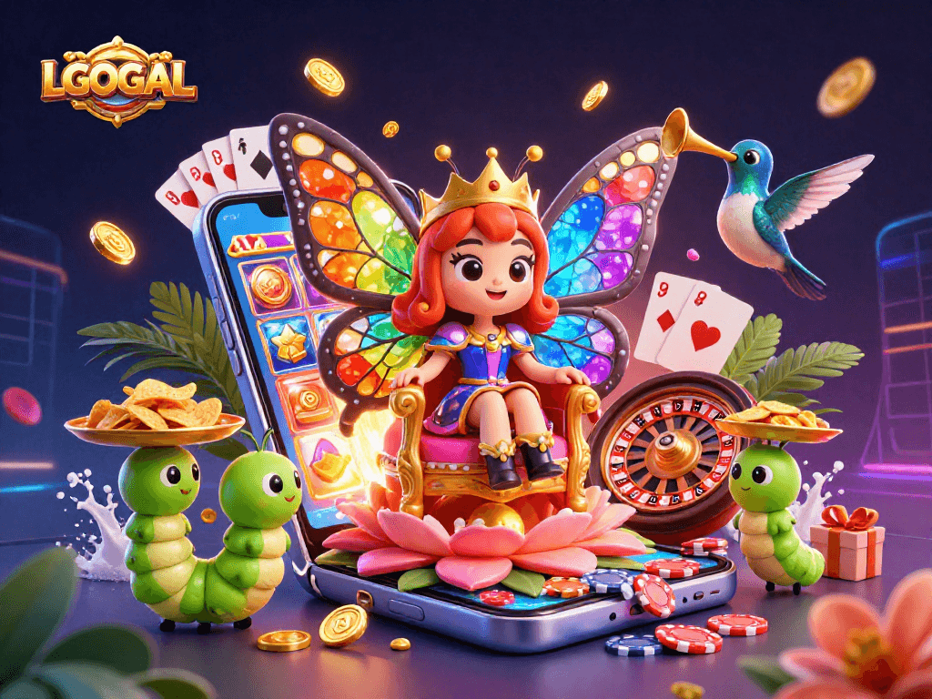 Play vibrant slots with LGOGOAL featuring a butterfly queen and dynamic casino elements.
