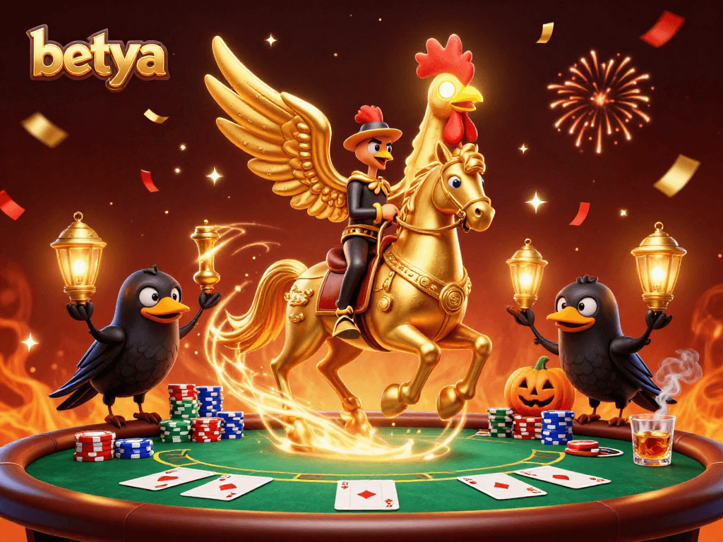 Experience the thrilling excitement of betya with a vivid casino scene showcasing poker elements and a golden rooster hero.