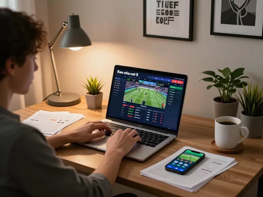 Engaged user analyzing Keo nha cai 5 sports betting interface on a laptop in a stylish home setup.