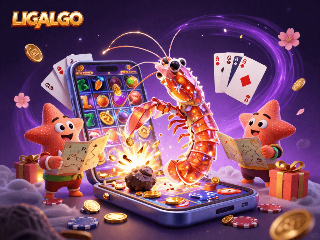 LIGALGO brings excitement as a galactic samurai mantis shrimp punches through an asteroid, revealing gems and coins.