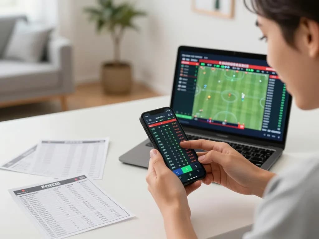 Person engaging in kèo nhà cái hôm nay with a smartphone, analyzing live betting odds.