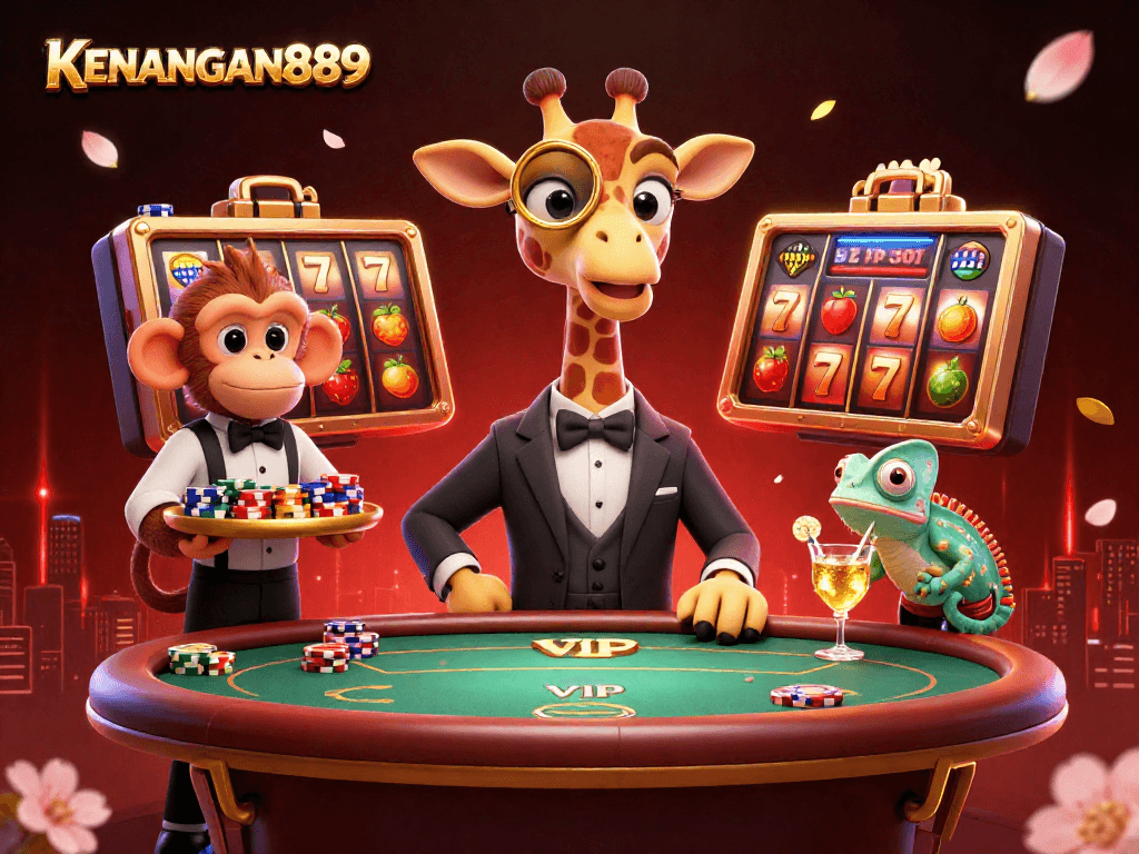 Experience thrilling wins with KENANGAN889 in this vibrant casino scene filled with animated characters and game elements.