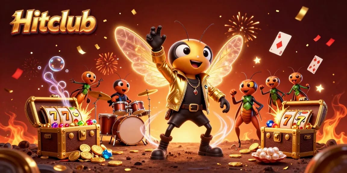 Experience vibrant gaming action with Hitclub featuring a 3D cicada rock star and colorful casino themes.