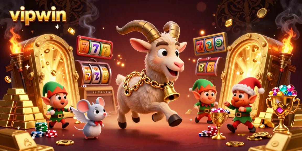 Engage with vipwin's lively holiday-horror casino scene featuring Krampus, a tiny angel mouse, and elf gremlins.