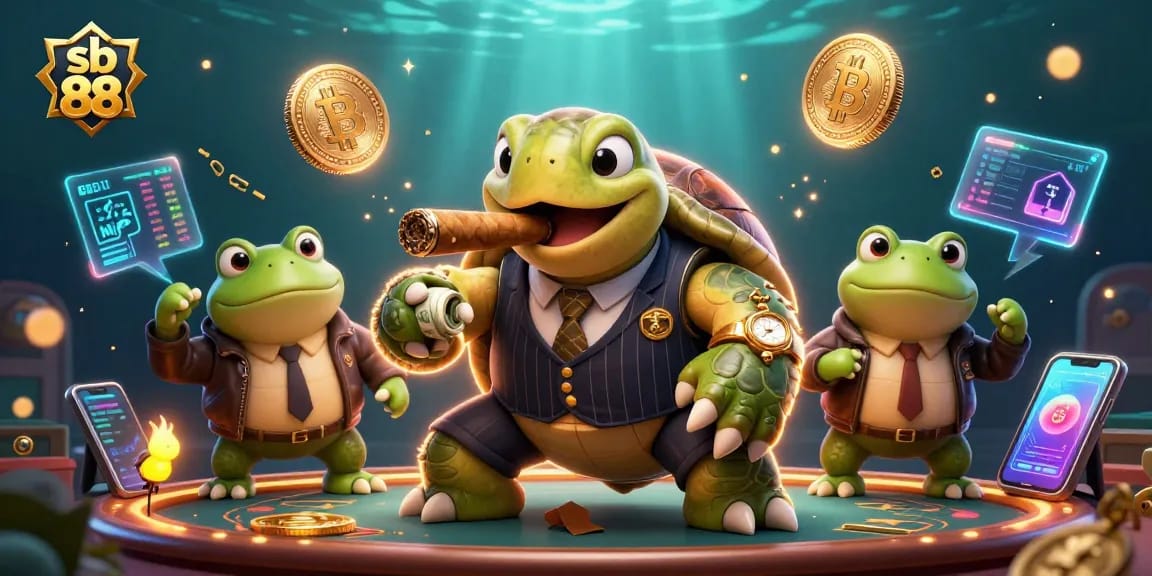 sb 88 showcases a snapping turtle in a pinstripe suit amid a vibrant casino scene filled with crypto elements.