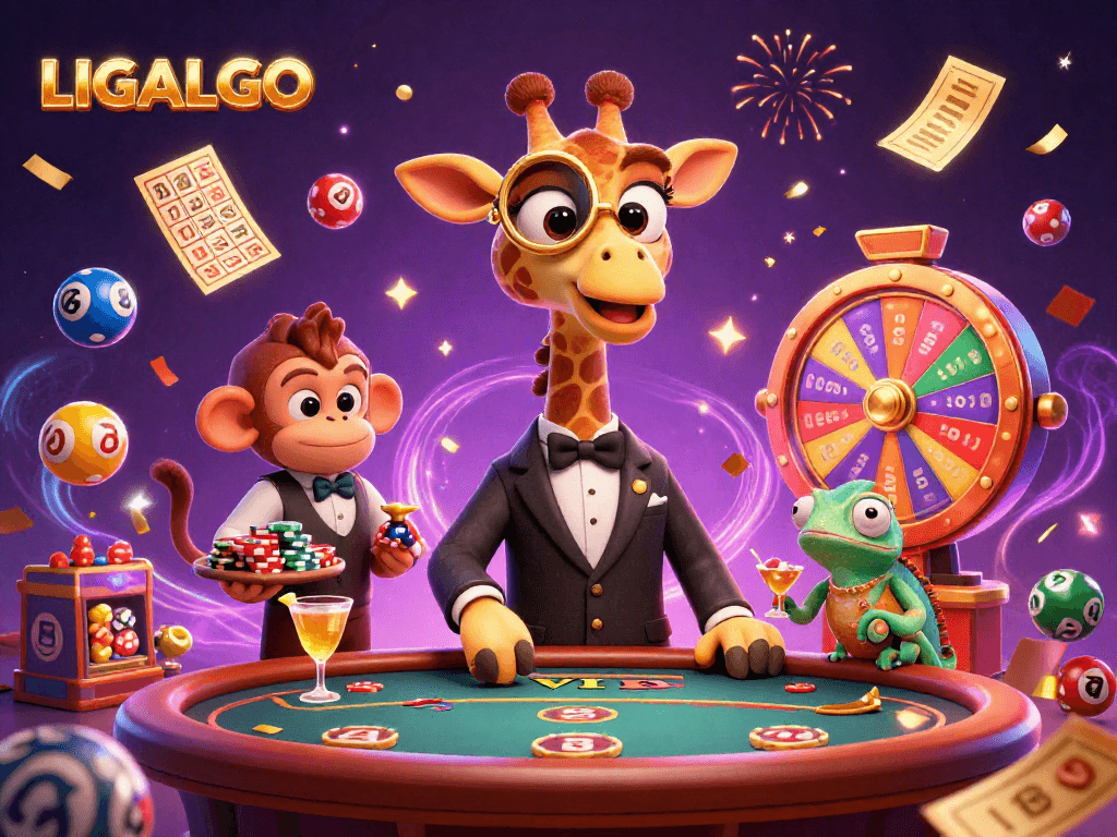 Experience the thrill of LIGALGO with exciting lottery balls and lively characters in a vibrant casino scene.
