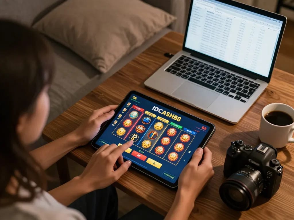 Engaging gameplay on IDCASH88 Slot in a cozy home setup with tablet, inviting player interaction.
